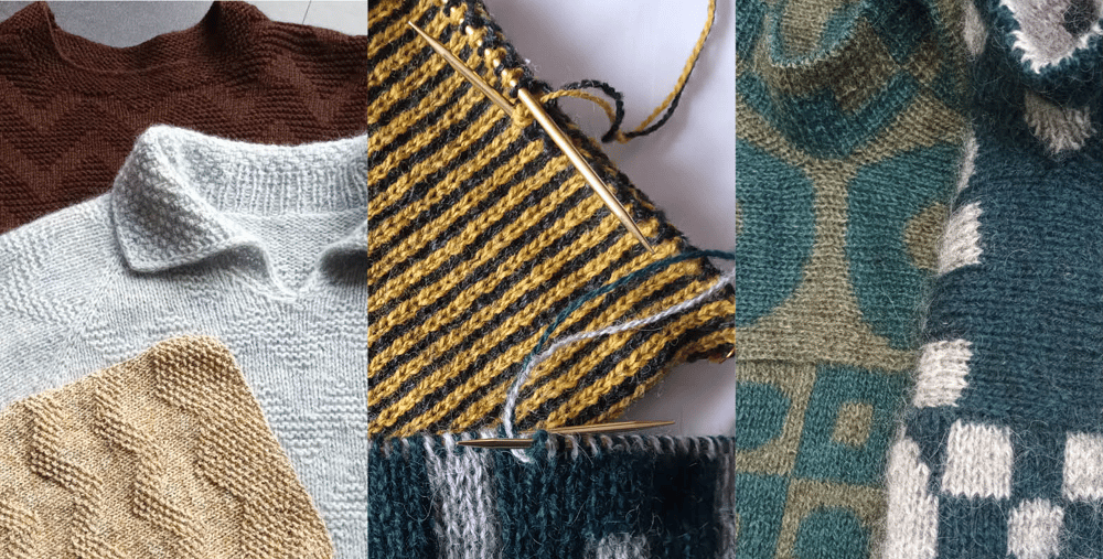 En collage av stickade klädesplagg.
